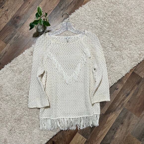 Joie Size Small Oversized Cream 3/4 Sleeve Fringe Hem Open Knit Pullover Sweater - Picture 2 of 5
